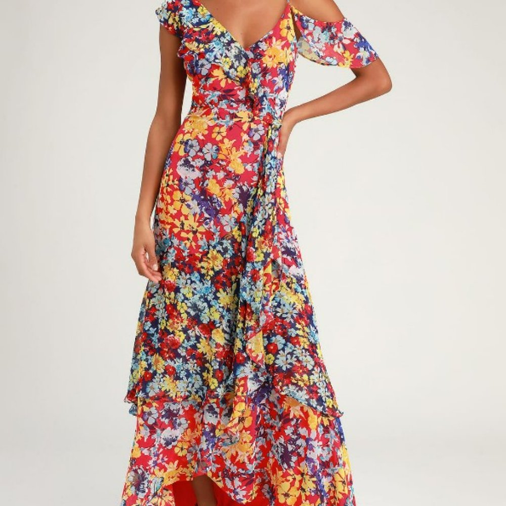 Radiant Ruby Red Floral Print Chiffon Maxi Dress Lulus